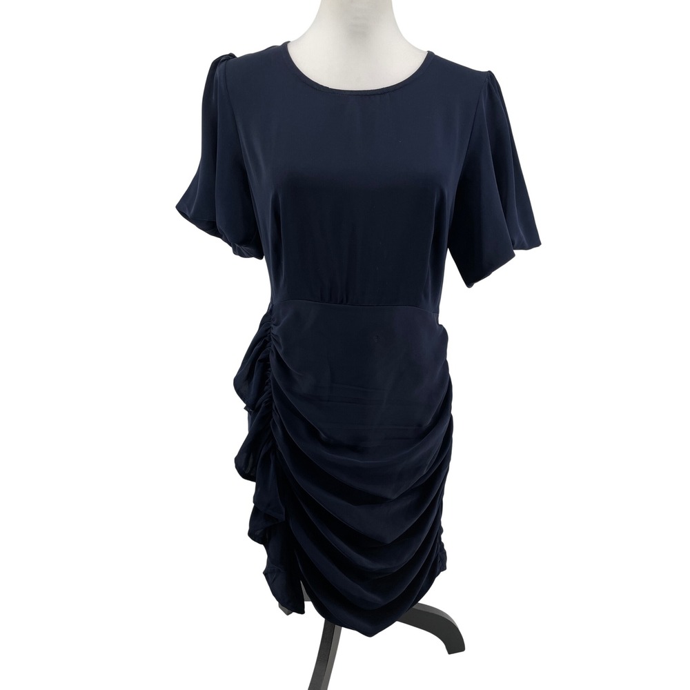Ruched Cocktail Dress Women Medium Navy Blue Wedding Guest Party Flutter Sleeve